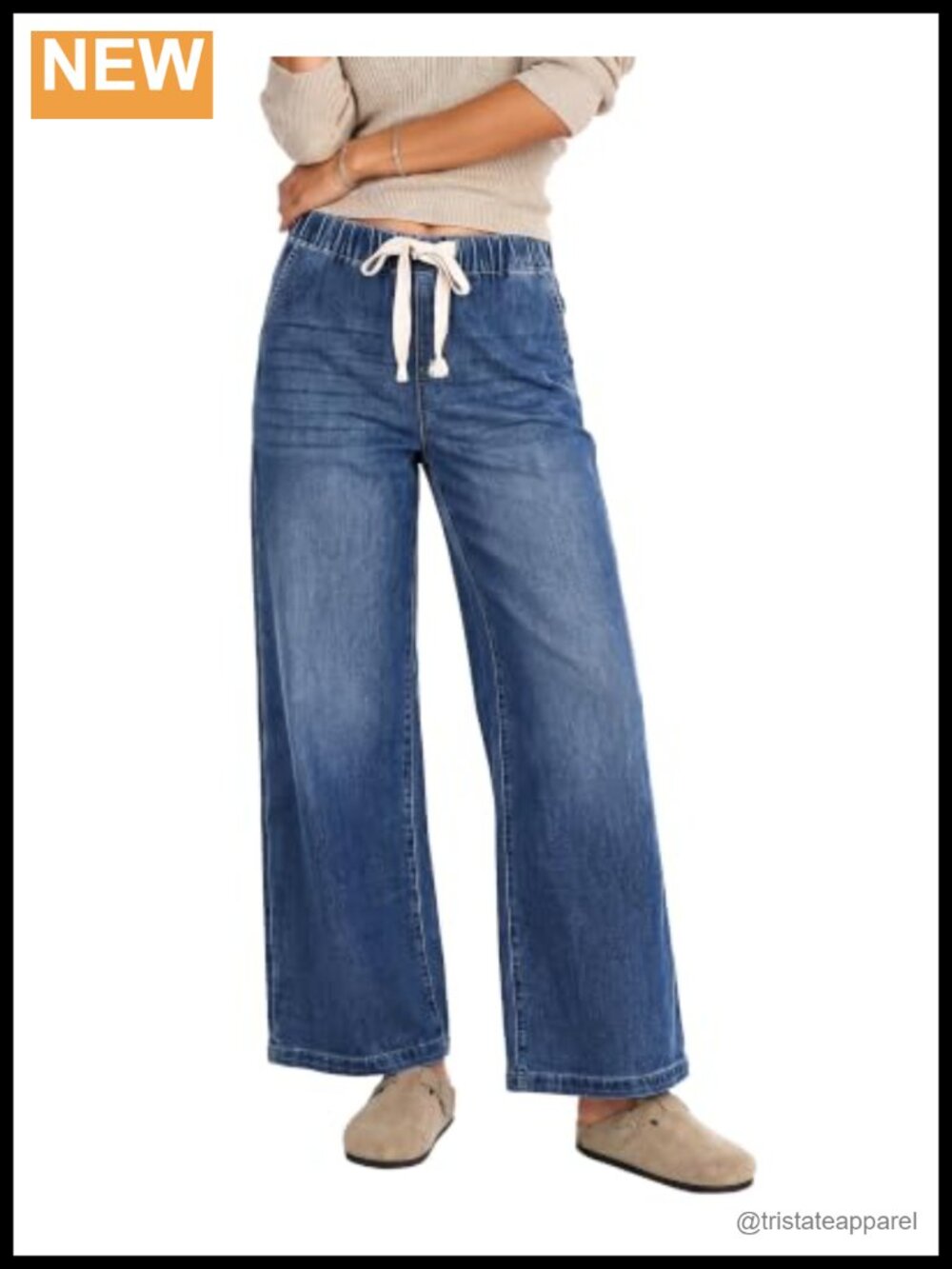 Wide Leg Jeans High Rise Elastic Waist Drawstring Stretch Denim Pants